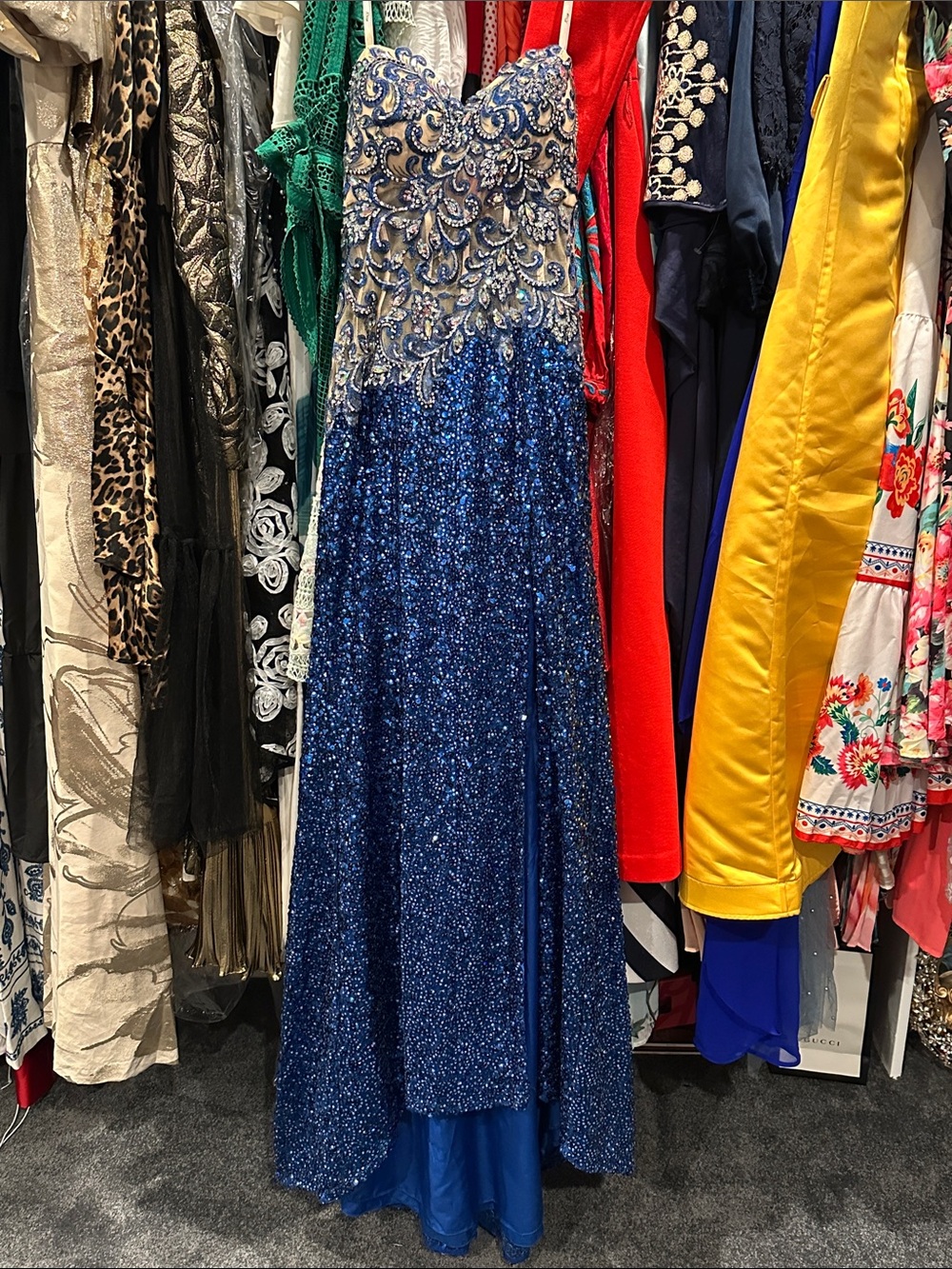 Sparkling Blue Beaded Prom Dress with Embellished Bodice front slit strapless 2